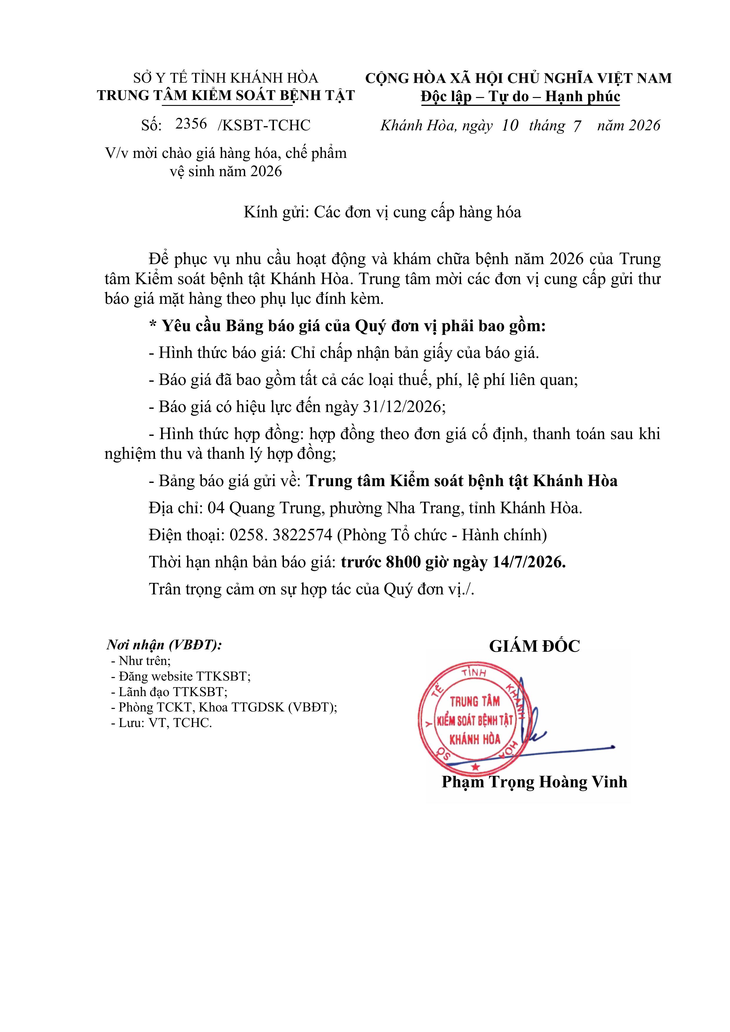 V/v mời chào giá hàng hóa, chế phẩm vệ sinh năm 2026